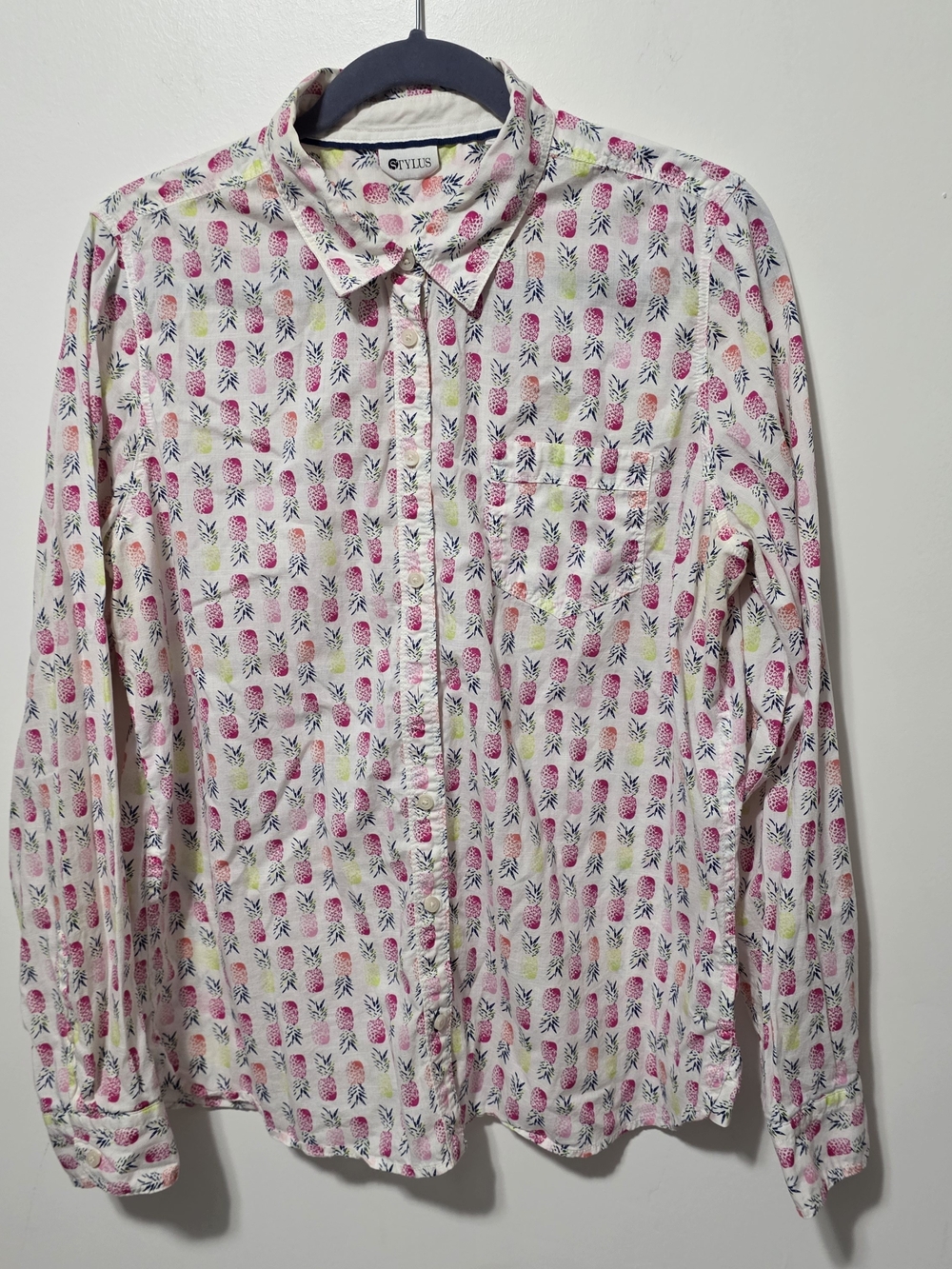 STYLUS White Button-Down Shirt with Pink and Green Pineapple Print